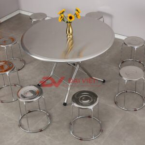 bàn tròn inox xếp 3 mặt 1200x750mm có chân bàn bằng hộp inox 40×40 mm, thanh tăng cứng inox hộp 25×25 mm, chân có cao su chống trượt