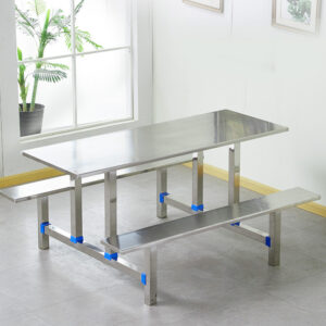 bàn ăn công nghiệp inox 10 ghế 200x140x75cm Sử dụng máy chấn CNC giúp các mép gấp an toàn, bền bỉ và đẹp