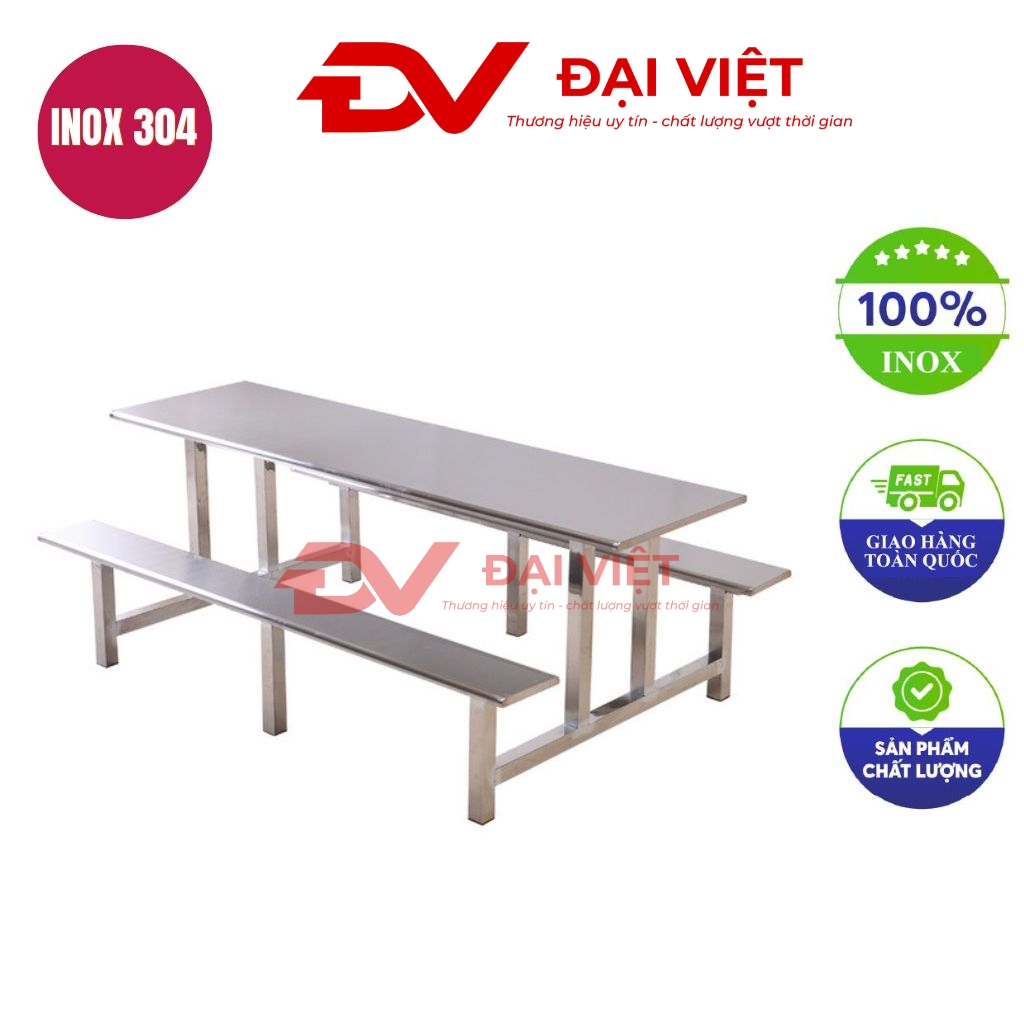 bàn ăn công nghiệp inox 10 ghế 200x140x75cm