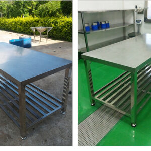 bàn bếp inox 180x70x75cm Mặt bàn được chấn dập bằng máy chấn CNC thủy lực, đường nét sắc sảo, chắc chắn. Có tăng cứng mặt bàn