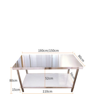 bàn bếp inox 2 tầng 180x80x80cm Mặt bàn được chấn dập bằng máy chấn CNC thủy lực, đường nét sắc sảo, chắc chắn. Có tăng cứng mặt bàn