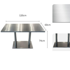 bàn inox chữ nhật 120x60x74cm với mặt bàn được chấn dập bằng máy chấn CNC thủy lực, đường nét sắc sảo, chắc chắn