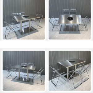 bàn inox chữ nhật có lỗ 120x60x75cm với mặt bàn được chấn dập bằng máy chấn CNC thủy lực, đường nét sắc sảo, chắc chắn