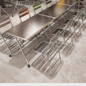 bàn inox chữ nhật xếp gọn 120x60x72cm với mặt bàn được chấn dập bằng máy chấn CNC thủy lực, đường nét sắc sảo, chắc chắn