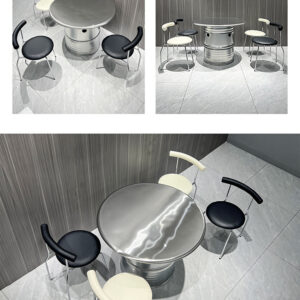 bàn inox tròn 150x75cm có chân bàn bằng hộp inox 40×40 mm, thanh tăng cứng inox hộp 25×25 mm, chân có cao su chống trượt