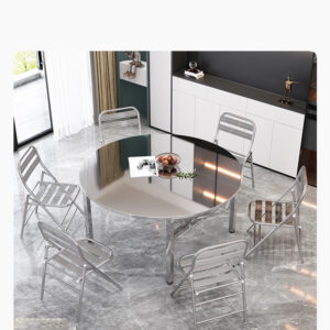 bàn inox tròn 2 tầng 160x72cm với sử dụng máy chấn CNC giúp các mép gấp an toàn, bền bỉ và đẹp mắt