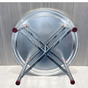 bàn inox tròn xếp gọn 70x70x75cm có chân bàn bằng hộp inox 40×40 mm, thanh tăng cứng inox hộp 25×25 mm, chân có cao su chống trượt