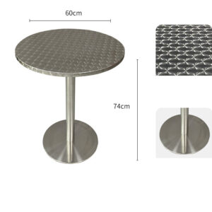 bàn inox tròn xước 60x74cm có mặt bàn được chấn dập bằng máy chấn CNC thủy lực, đường nét sắc sảo, chắc chắn