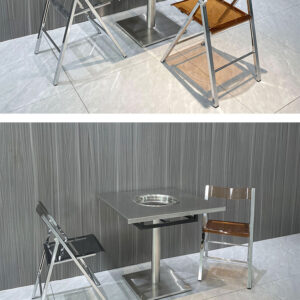 bàn inox vuông có lỗ 80x80x74cm với các mối hàn được thực hiện bằng công nghệ hàn TIG có khí Ar bảo vệ chống oxi hóa