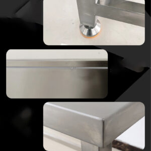 bàn sơ chế inox 120x60x80cm Mặt bàn được chấn dập bằng máy chấn CNC thủy lực, đường nét sắc sảo, chắc chắn. Có tăng cứng mặt bàn