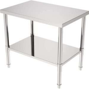 bàn sơ chế inox 2 tầng 61x61x85cm Chân bàn bằng hộp inox 40×40 mm, thanh tăng cứng inox hộp 25×25 mm, đợt bên dưới đan nan 10×20 mm