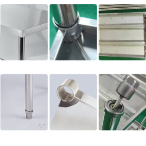 bàn sơ chế inox 2 tầng 61x61x85cm Mặt bàn được chấn dập bằng máy chấn CNC thủy lực, đường nét sắc sảo, chắc chắn. Có tăng cứng mặt bàn