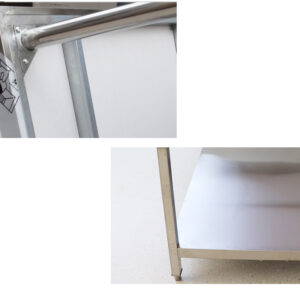 bàn sơ chế inox 2 tầng 80x60x80cm Chân bàn bằng hộp inox 40×40 mm, thanh tăng cứng inox hộp 25×25 mm, đợt bên dưới đan nan 10×20 mm