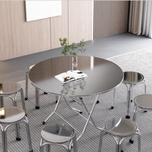 bàn tròn inox xếp gọn có vân 60x75cm có các mối hàn được thực hiện bằng công nghệ hàn TIG có khí Ar bảo vệ chống oxi hóa