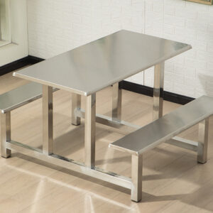 bộ bàn ăn công nghiệp ghế liền 02 Băng ghế inox liền dài rộng rãi thoải mái, các ghế có thể gấp lại gọn gàng hoặc có móc treo ghế