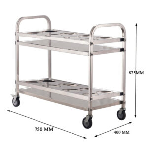xe đẩy thức ăn inox 2 tầng 850x450x890mm được làm từ inox 304 sáng bóng