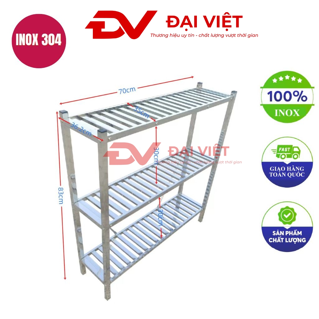 kệ inox 3 tầng thanh nan 700x360x830mm