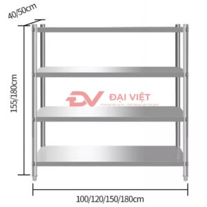 kệ inox 4 tầng 1200x500x1500mm Bề mặt kệ dạng tấm inox phẳng dày 1mm