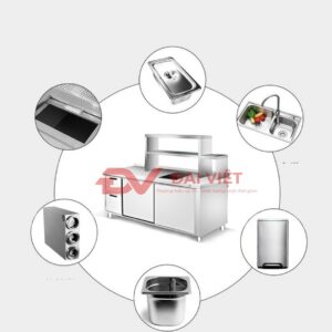 quầy pha chế trà sữa inox 1800x600x800mm được tích hợp khay topping và chậu rửa