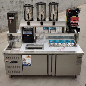 quầy pha chế trà sữa inox 1800x700x800mm với các kệ trưng bày