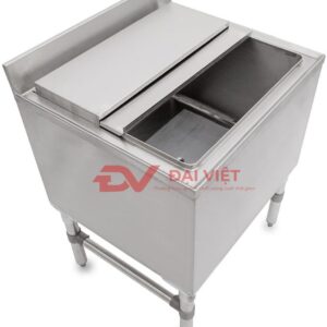 thùng đá inox âm bàn 1000x1000x800mm được thiết kế với khung chân có bánh xe