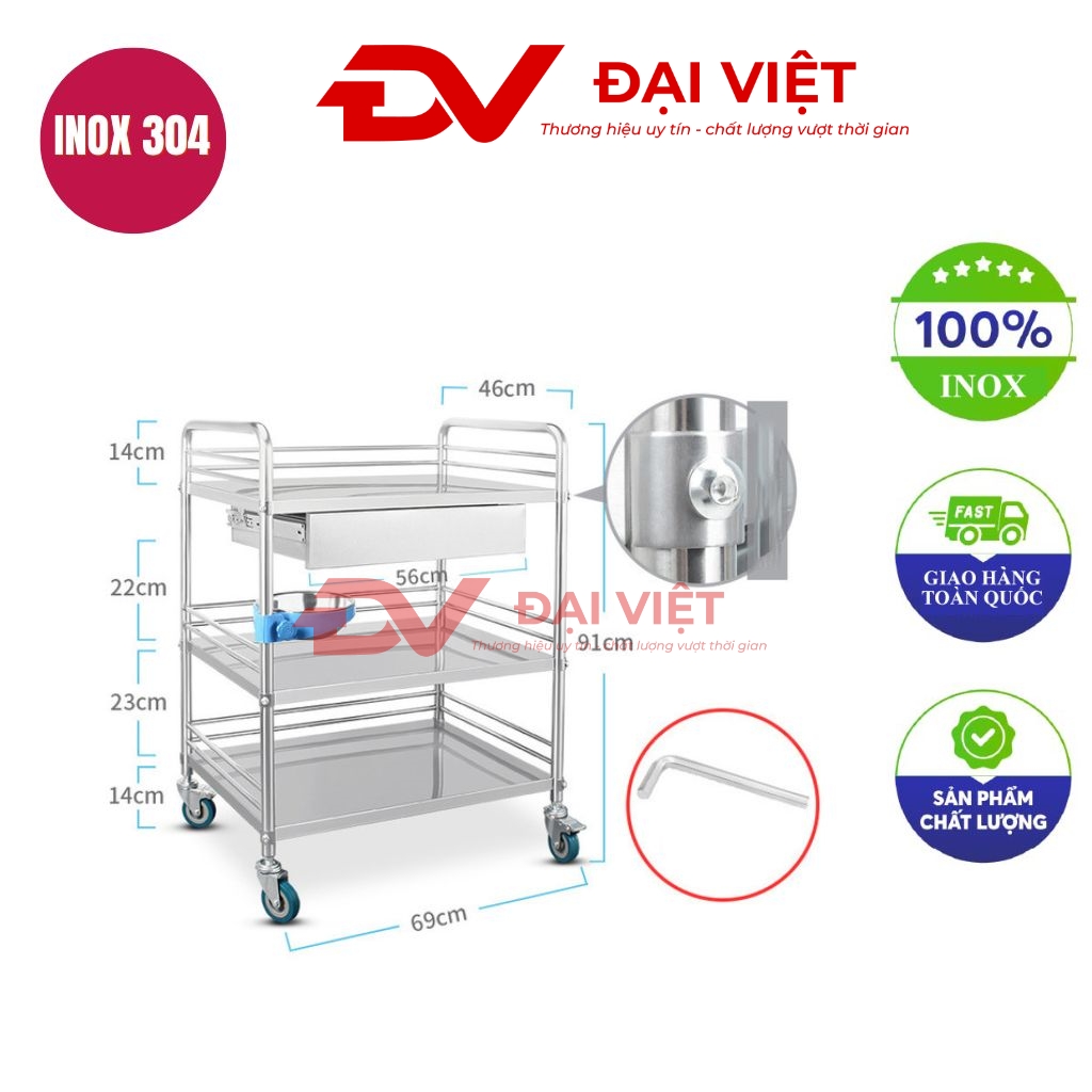 xe đẩy inox y tế 3 tầng 690x460x910mm