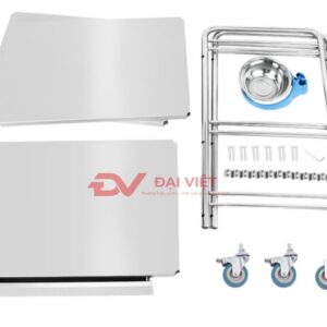 xe đẩy inox y tế 3 tầng kèm ngăn kéo 810x500x910mm xe có thanh chắn bảo vệ