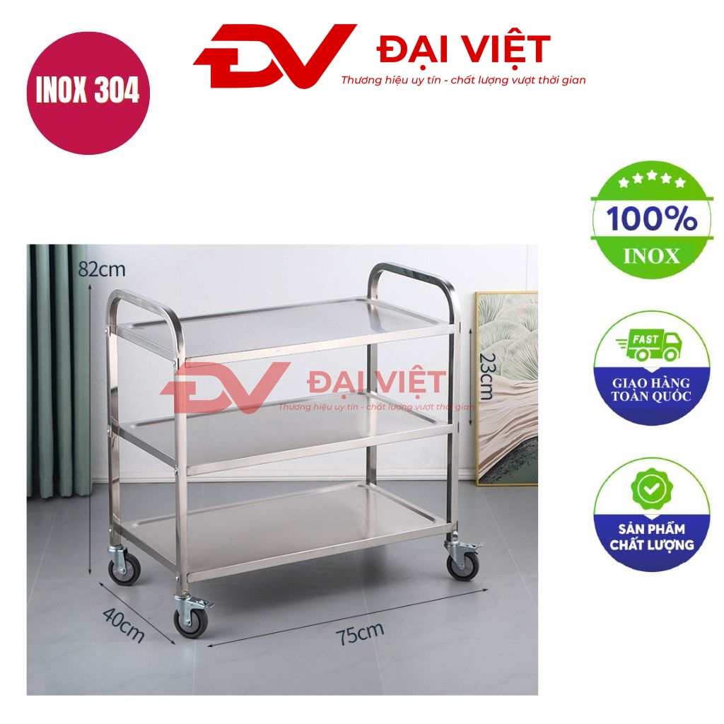 xe đẩy thức ăn nhà hàng 3 tầng 950x490x930mm