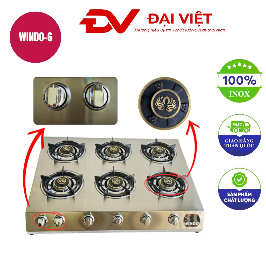 Bếp gas công nghiệp thấp áp 6 lò vuông windo 6 phi 80 Bếp gas công nghiệp thấp áp 6 lò vuông windo 6 phi 80