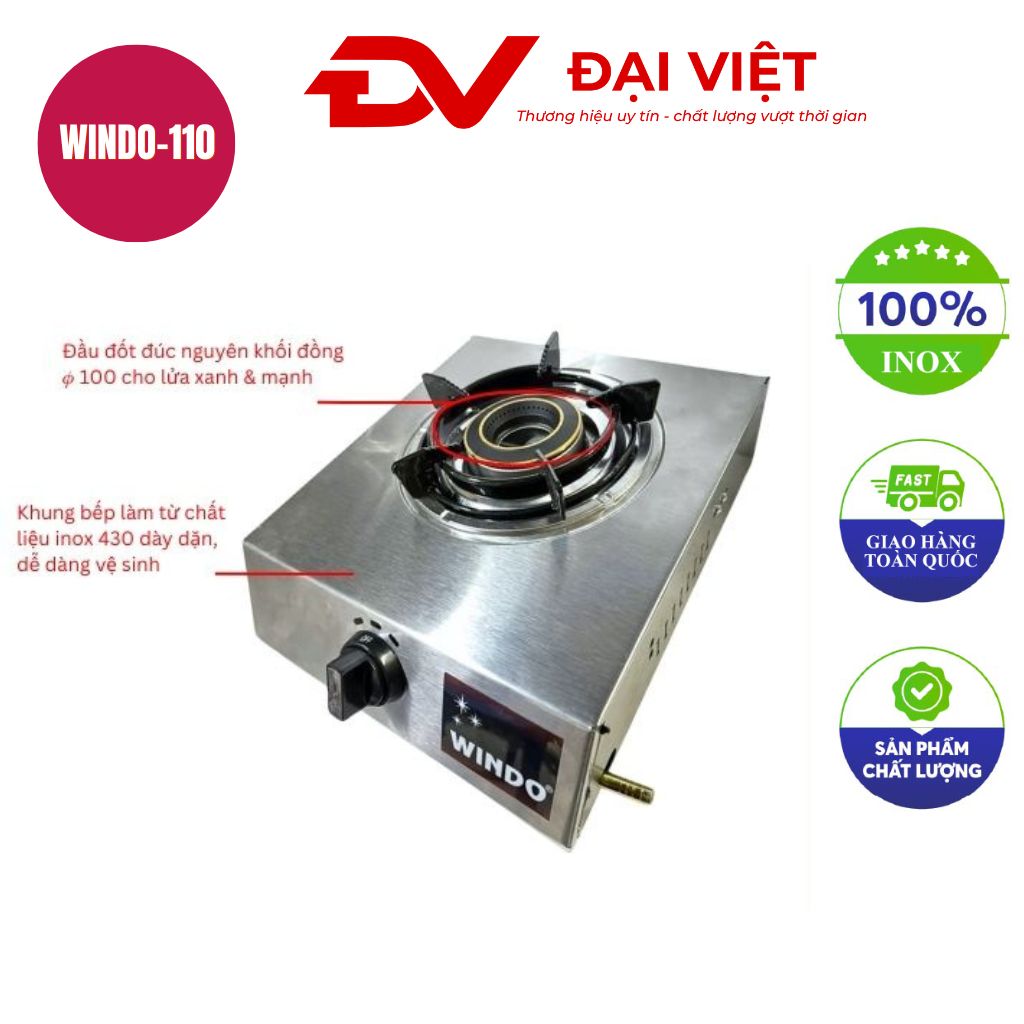 Bếp gas đơn windo mặt inox đầu đốt phi 100 windo 110 Bếp gas đơn windo mặt inox đầu đốt phi 100 windo 110