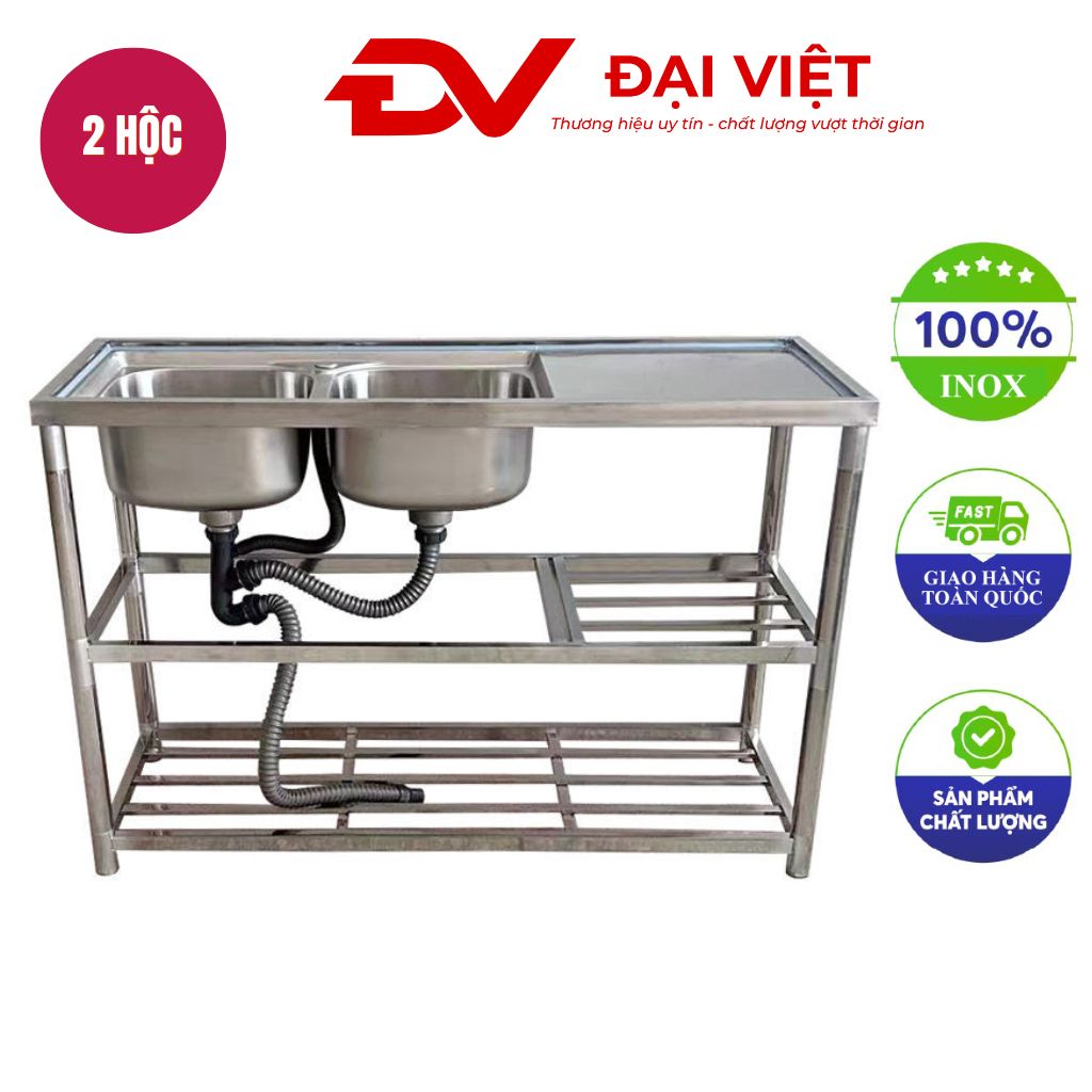 Bồn rửa inox công nghiệp 2 hộc kèm bàn phải và 2 kệ 1200x450x800mm Bồn rửa inox công nghiệp 2 hộc kèm bàn phải và 2 kệ 1200x450x800mm