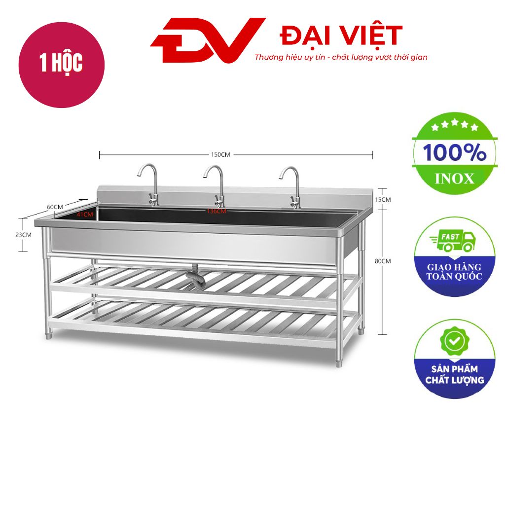 Máng rửa tay inox có 2 kệ 1500x600x800mm Máng rửa tay inox có 2 kệ 1500x600x800mm