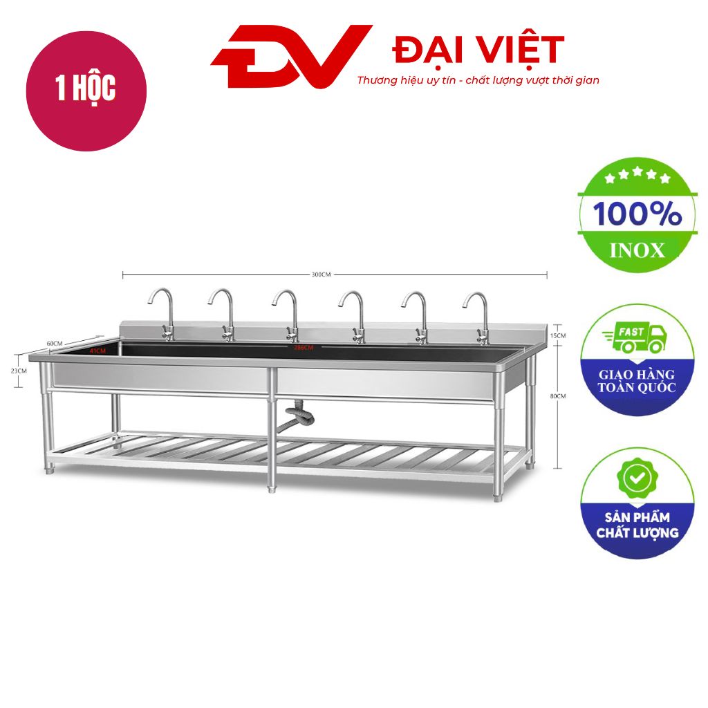 Máng rửa tay inox công nghiệp 1 kệ 3000x600x800mm Máng rửa tay inox công nghiệp 1 kệ 3000x600x800mm