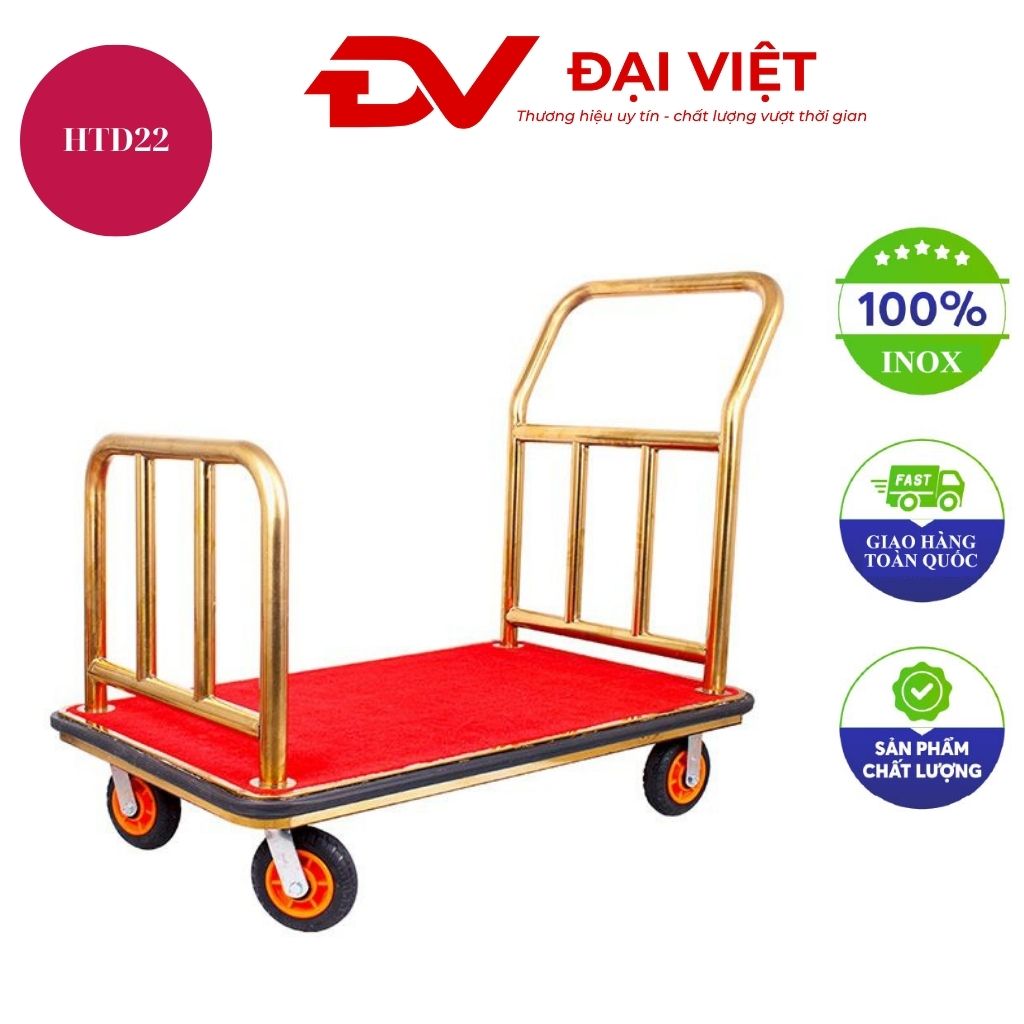 Xe đẩy hành lý khách sạn inox vàng nền đỏ htd22 Xe đẩy hành lý khách sạn inox vàng nền đỏ htd22