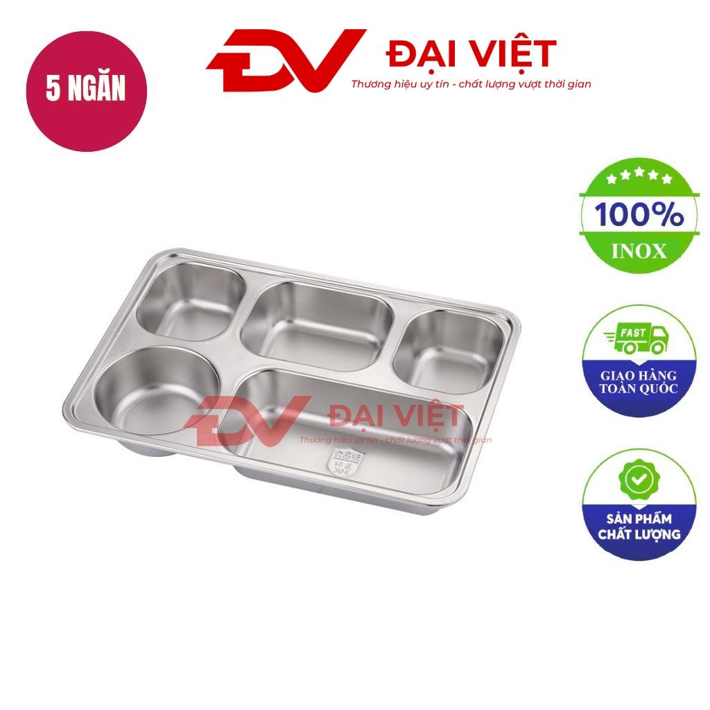 5-compartment stainless steel food tray 33x23x3.5cm with rounded corners on white background