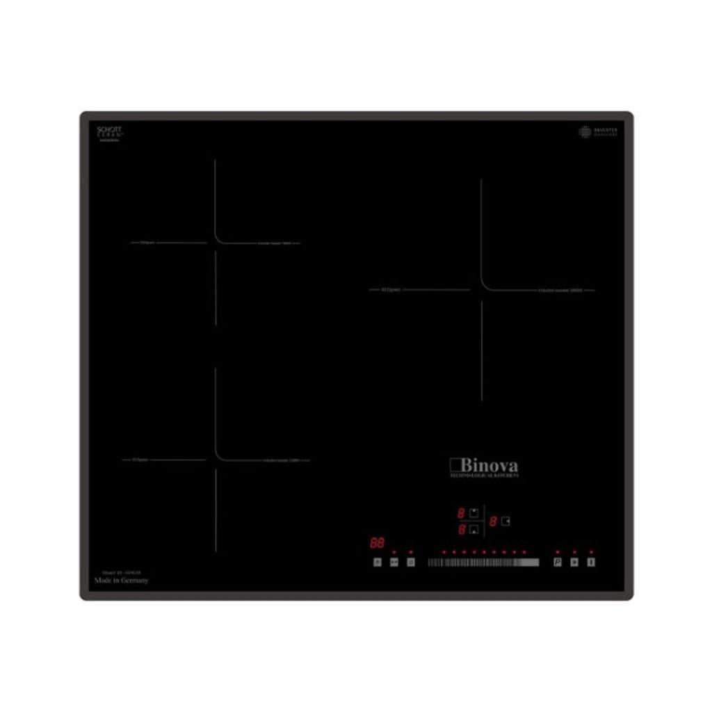 Modern built-in Binova BI-689GM induction cooktop with three cooking zones sleek black glass surface with touch slider control panel