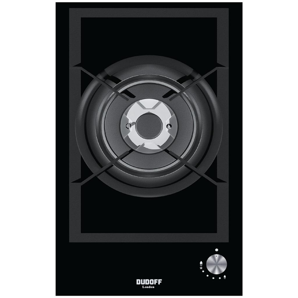 Ảnh cận cảnh bếp gas Domino Dudoff Ring với mô tả kỹ thuật kích thước và núm điều khiển