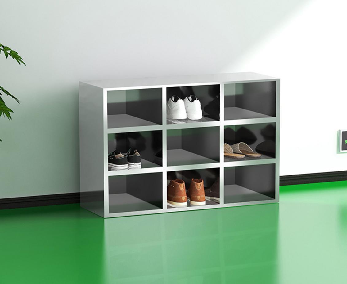 Ảnh chi tiết các bộ phận cấu thành của tủ giày inox 9 ngăn bao gồm khóa, khung inox và bản lề