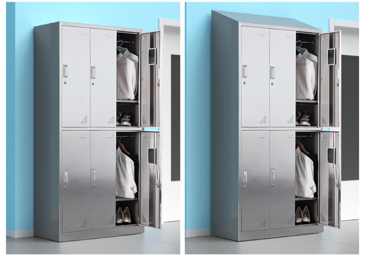 Ảnh chi tiết cận cảnh mối hàn inox TIG và chân đế cao su chống trượt của tủ quần áo inox