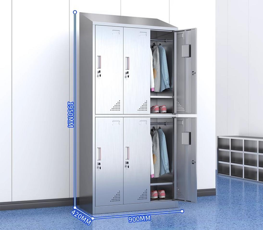 Ảnh chi tiết tủ quần áo inox 6 cửa mái xéo hiển thị thông số kích thước và các chi tiết khóa cửa