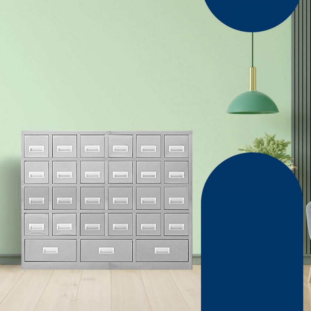 Ảnh kỹ thuật chi tiết tủ thuốc inox 27 ngăn với kích thước và cấu tạo khung inox chắc chắn