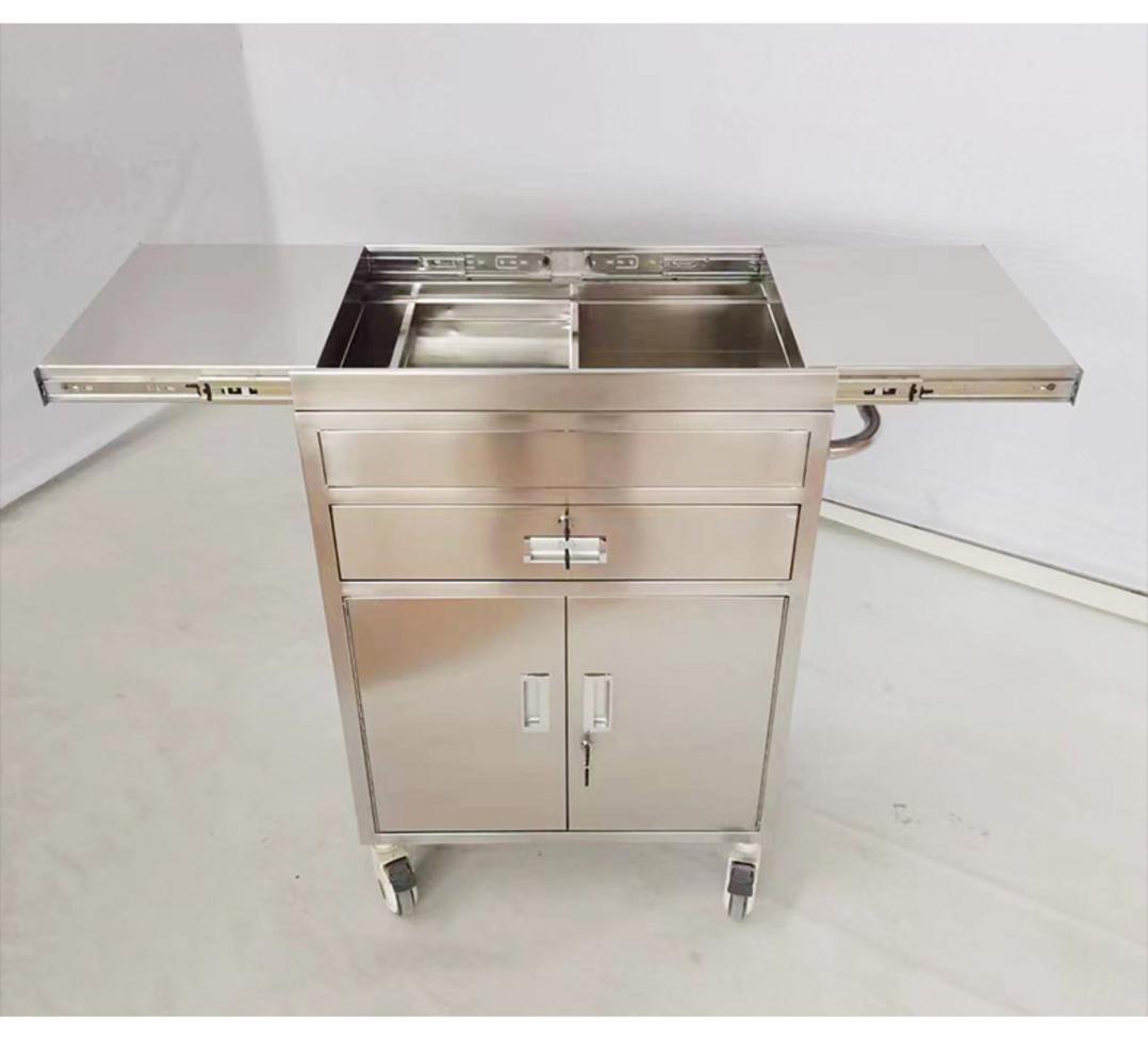 Ảnh minh họa từng ưu điểm của tủ inox y tế như bo tròn góc bánh xe khóa thanh chân an toàn