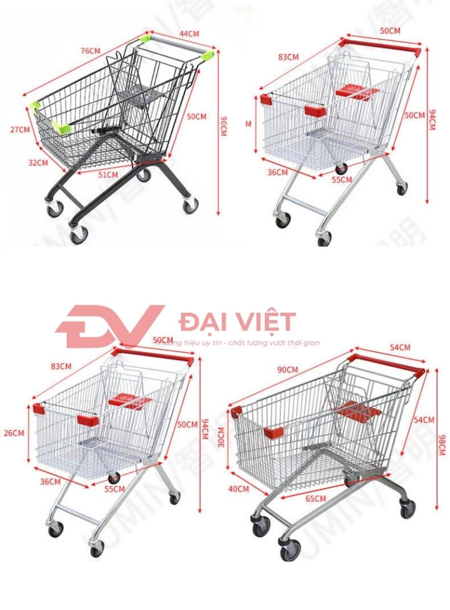 Ảnh xe đẩy hàng inox 304 với bánh xe xoay 360 độ, tay đẩy chắc chắn và giỏ đựng lớn