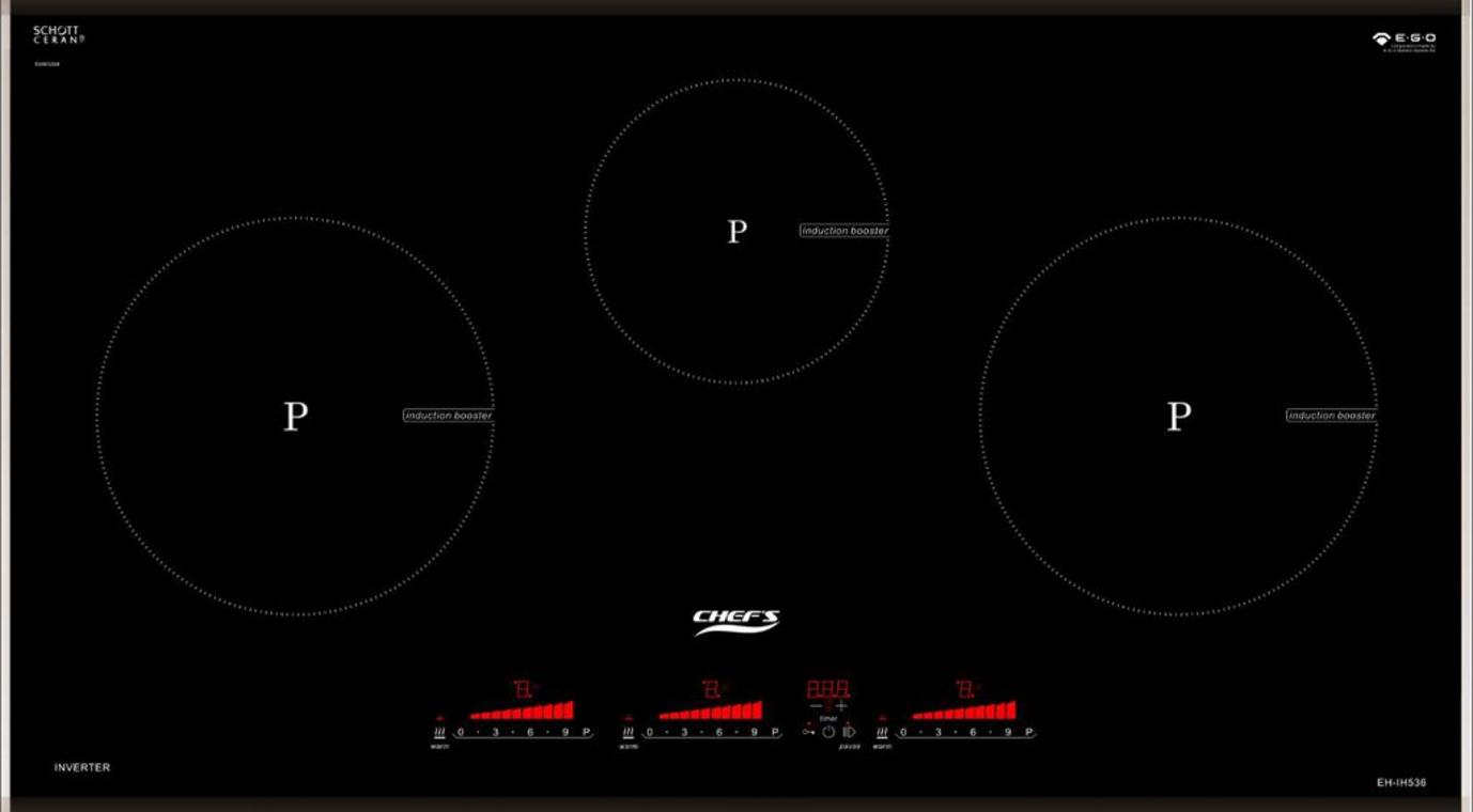 Bản vẽ kỹ thuật chi tiết bếp từ Chefs EH-IH536 với kích thước và các vùng nấu rõ ràng