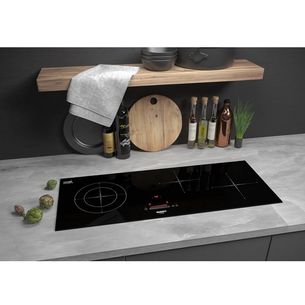 Bảng kỹ thuật chi tiết của bếp dudoff mia f3b với các số liệu công suất từng vùng nấu và kích thước lắp đặt nền màu trắng các số liệu rõ ràng