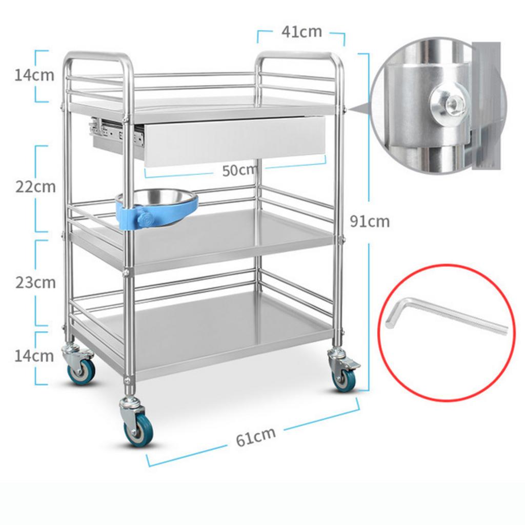 Chất liệu bền bỉ của xe đẩy inox y tế 3 tầng kèm ngăn kéo 610x410x910mm
