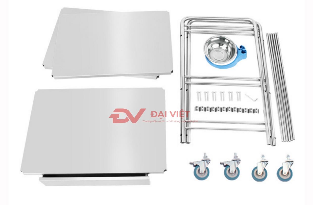 Chất liệu inox 304 chắc chắn, chống gỉ cho xe đẩy inox y tế 2 tầng 690x460x910mm kèm ngăn kéo