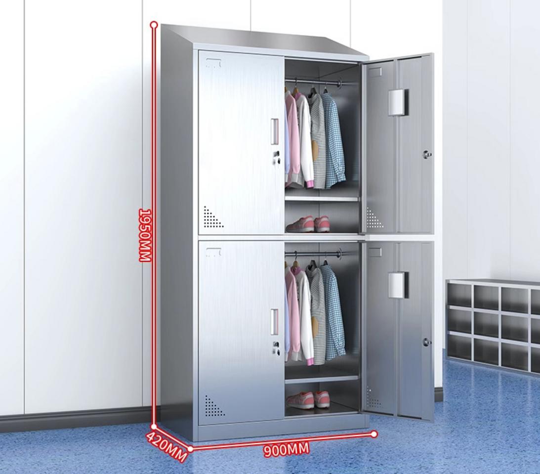 Bảng thông số kỹ thuật chi tiết của tủ quần áo inox 4 cửa mái xéo 1950x420x900mm biểu đồ kích thước và cấu trúc tủ