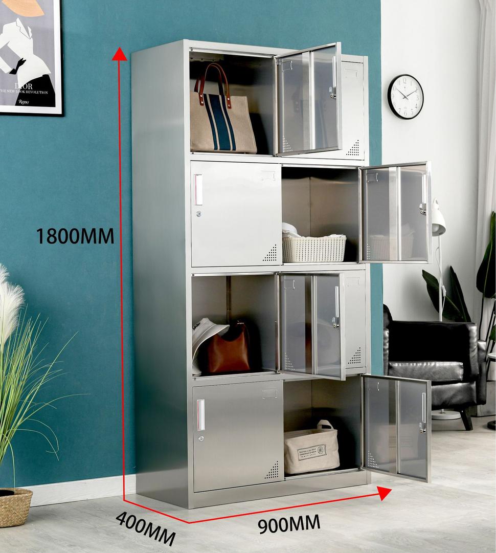 Bảng thông số kỹ thuật chi tiết của tủ quần áo inox 8 cửa 1800x400x900mm kèm hình minh họa các chi tiết như khóa inox chân cao su chống trượt