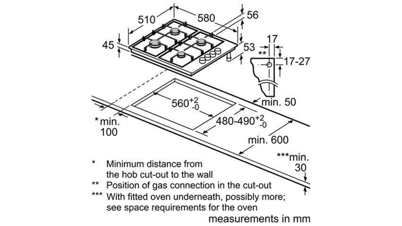 Bảng thông số kỹ thuật chi tiết sản phẩm Bếp Gas Bosch PBH6B5B60 với chú thích các vùng nấu và kích thước bếp